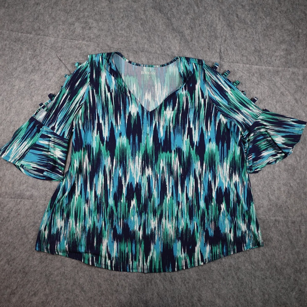 Roamans Top Womens 1X Blue Watercolor Cold Shoulder Bell Half Sleeve V Neck Knit